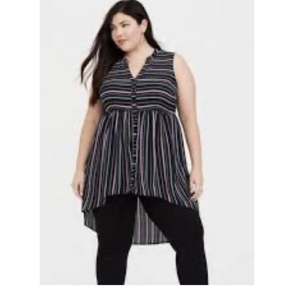 Torrid Black Lexie Striped Georgette Tunic Button Down Tank Women's Size 00